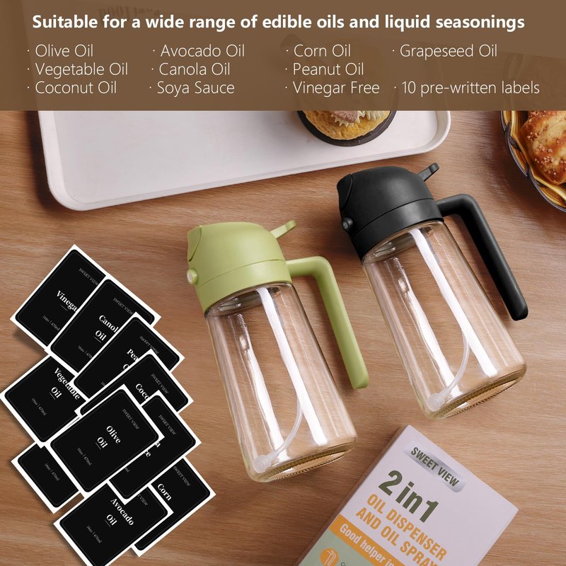 SWEET VIEW 2PCS Olive Oil Sprayer for Cooking, 16oz/470ml Glass Oil Dispenser/Pour Bottle, Kitchen Accessories, Kitchen Gadgets for Air Fryer, Salad, BBQ, with Stickers (Black,Green)