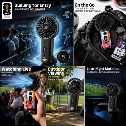Covbozk FIFA World Cup 2026 Licensed 5-Gear Wind Handheld Turbo Fan and 3-in-1 Wireless Earbuds Flashlight for Outdoor Travel