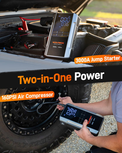 WOLFBOX 3000A Jump Starter with Air Compressor, 59.2Wh&160PSI Portable Car Battery Jump Starter with 65W Fast Charging, 12V Battery Pack (8L Gas 6L Diesel Engine) with Boost, Light and Jumper Cables
