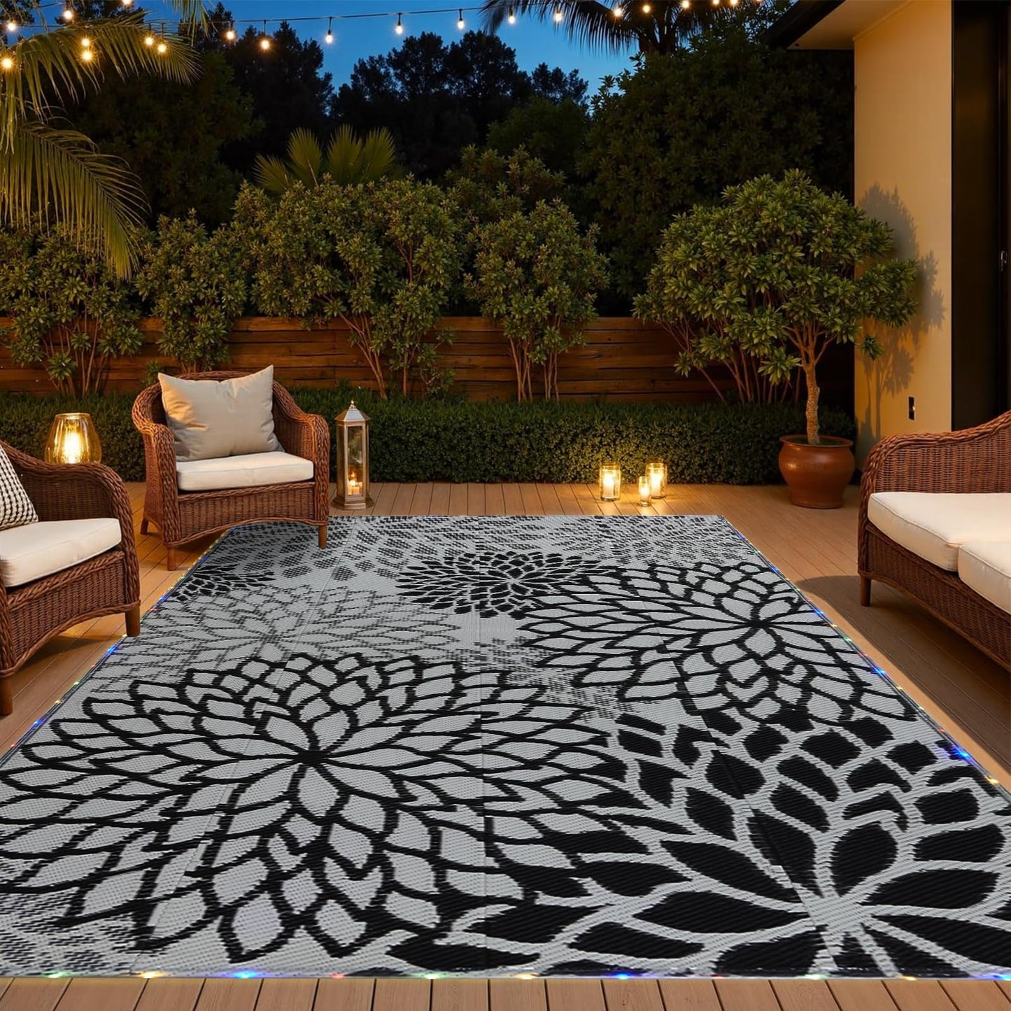 YONILE Outdoor Rug 9x12 ft with LED Light, Waterproof Reversible Outdoor Plastic Straw Rug for Patios Clearance, Large Outdoor Area Rug Carpet RV Mat for Camping Backyard Deck Porch Beach