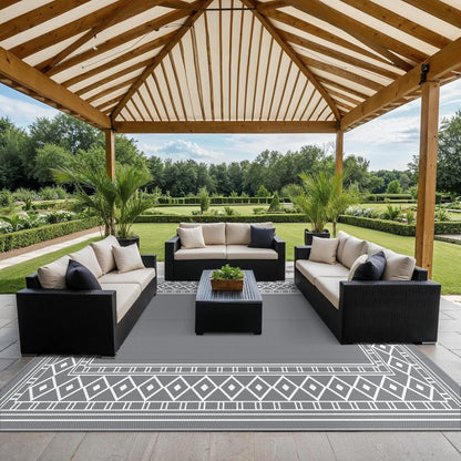 GENIMO Outdoor Rug Waterproof for Patio Decor, 10'x20' Foldable Reversible Plastic Straw Carpet, Outside Area Mat for Rv, Deck, Picnic, Porch, Camper, Balcony, Beach, Grey & White