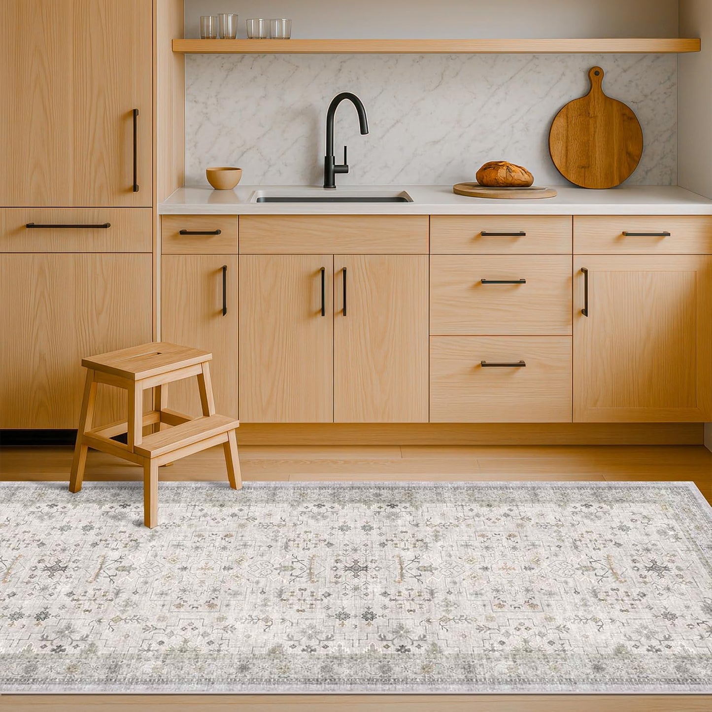 Regine Switzerland Light Grey 2x7 Boho Bathroom Runner Rug - Washable Floral Design, Non-Slip for Hallway & Bedroom