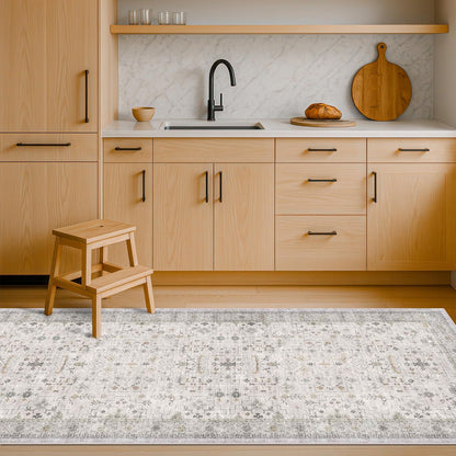Regine Switzerland Light Grey 2x7 Boho Bathroom Runner Rug - Washable Floral Design, Non-Slip for Hallway & Bedroom