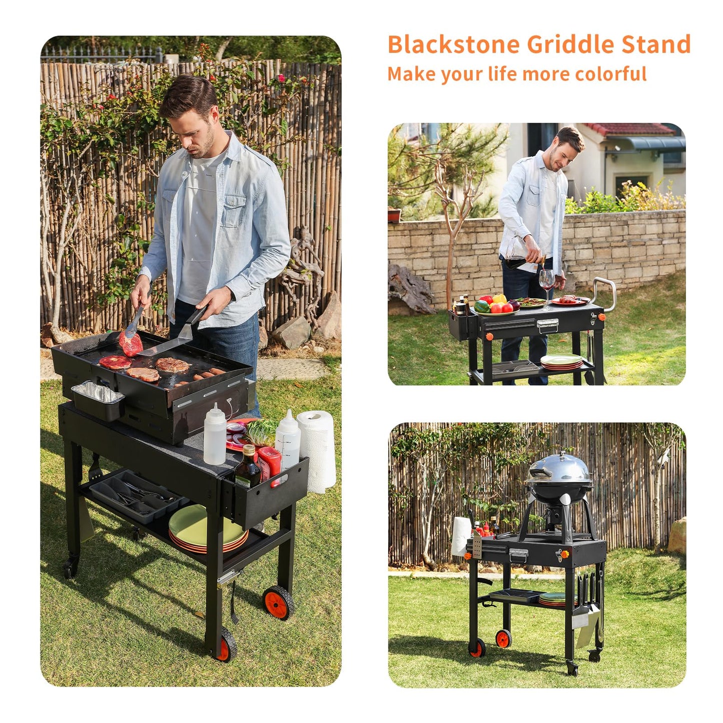 JiRiCHMi Blackstone Griddle Stand, Portable Outdoor Grill Table, Foldable Grill Cart With Wheels Fit 22 Inch or 17 Inch, Camping Folding Pizza Oven Tables Fit Ninja Grill and Weber，Blackstone Table