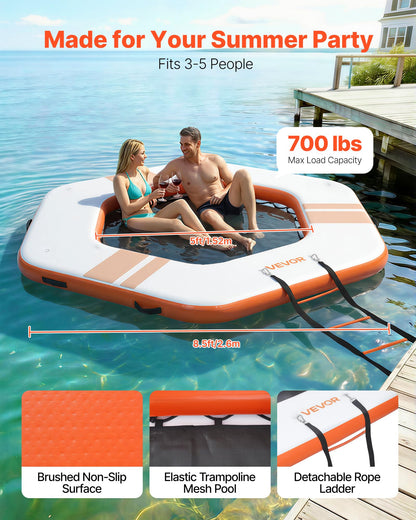 VEVOR Inflatable Floating Dock, 8.5x8.5 FT Inflatable Dock Platform, Non-Slip Water Mat with Portable Carrying Bag & Detachable Ladder, Floating Water Platform Island Raft for Pool Beach Ocean, Orange