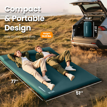INNERWILD Double Camping Sleeping Pad with Electric Pump, 3.15" Thick 2 Person Self Inflating Memory Foam Mattress Pad with Pillow, Portable Sleeping Mat for Travel, Car, Tent- Dark Green, Full Size