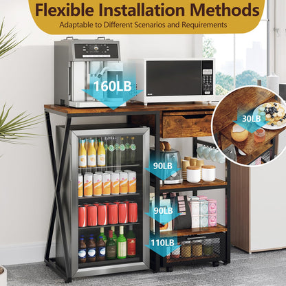 41.7in Mini Fridge Stand with Storage Shelf, 3-Tier Microwave Stand & Coffee Bar Organizer with Power Outlet, Basket, Pull-out Work Platform, 160LBS Sturdy Mini Fridge Shelf for Dorm, Apartment