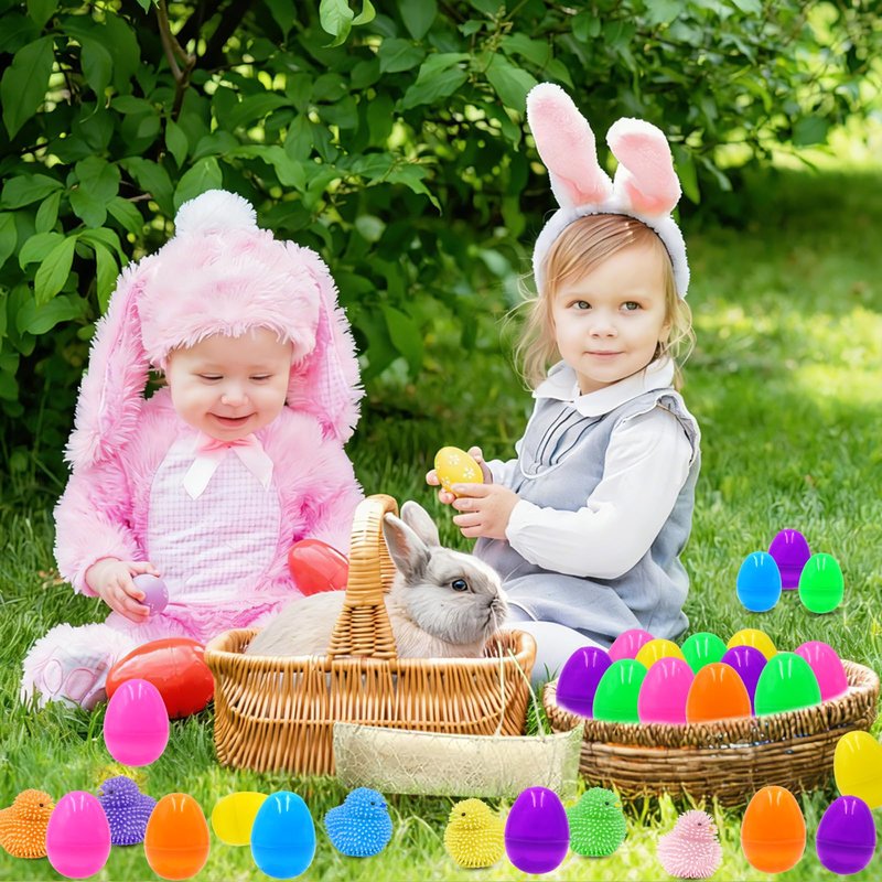 PIONJOY 12 Pack Easter Eggs Filled Chick LED Puffer Balls,LED Light Up Toys Stuffers Stress Relief LED Ball for Kids Easter Egg Hunt Filling Treats Easter Basket Stuffers Easter Party Favor