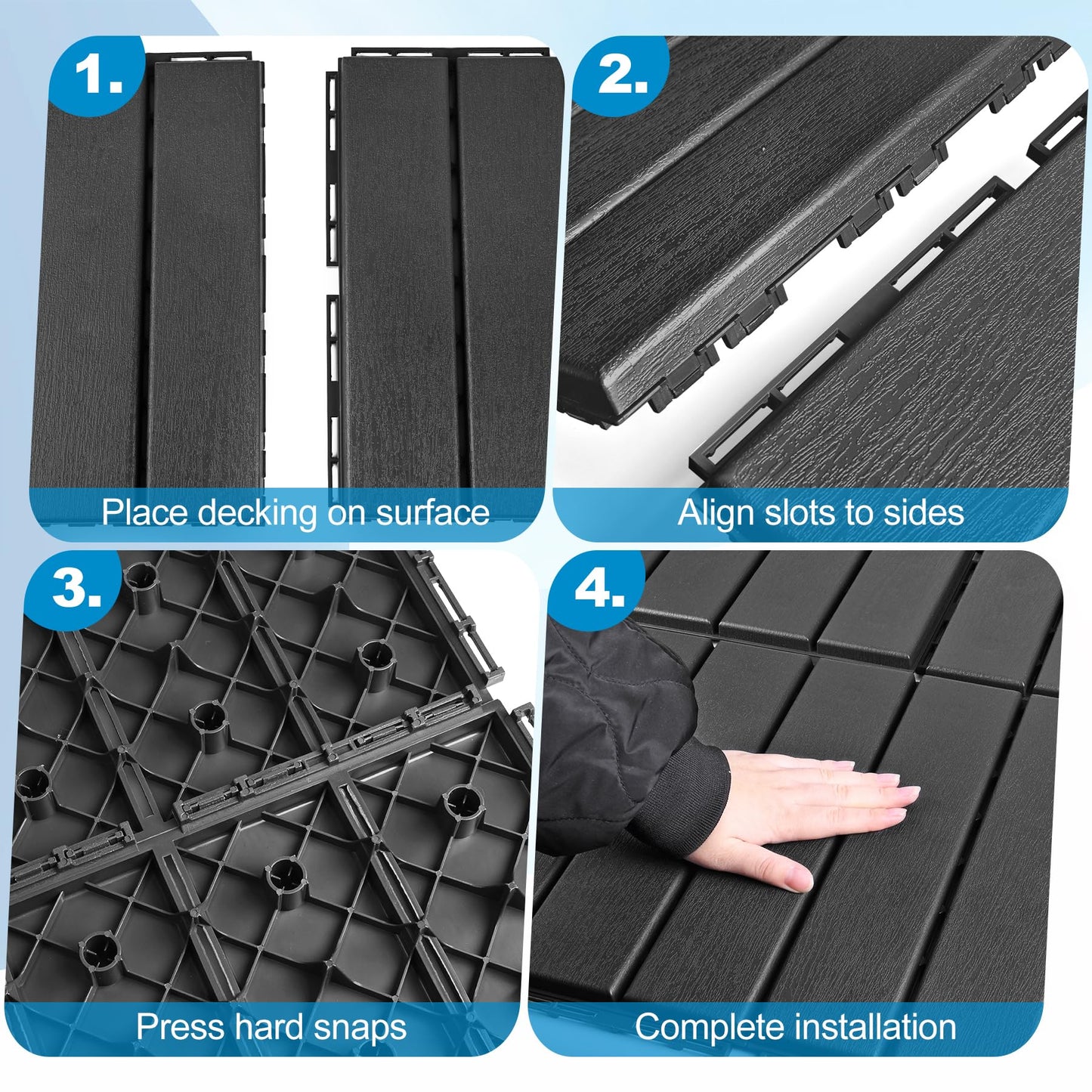 ToLanbbt Plastic Interlocking Deck Tiles 36 Pack 12"x12" Waterproof Indoor Outdoor Composite Patio Flooring Decking Tiles All Weather Use for Patio Porch Balcony Backyard Poolside, Dark Grey