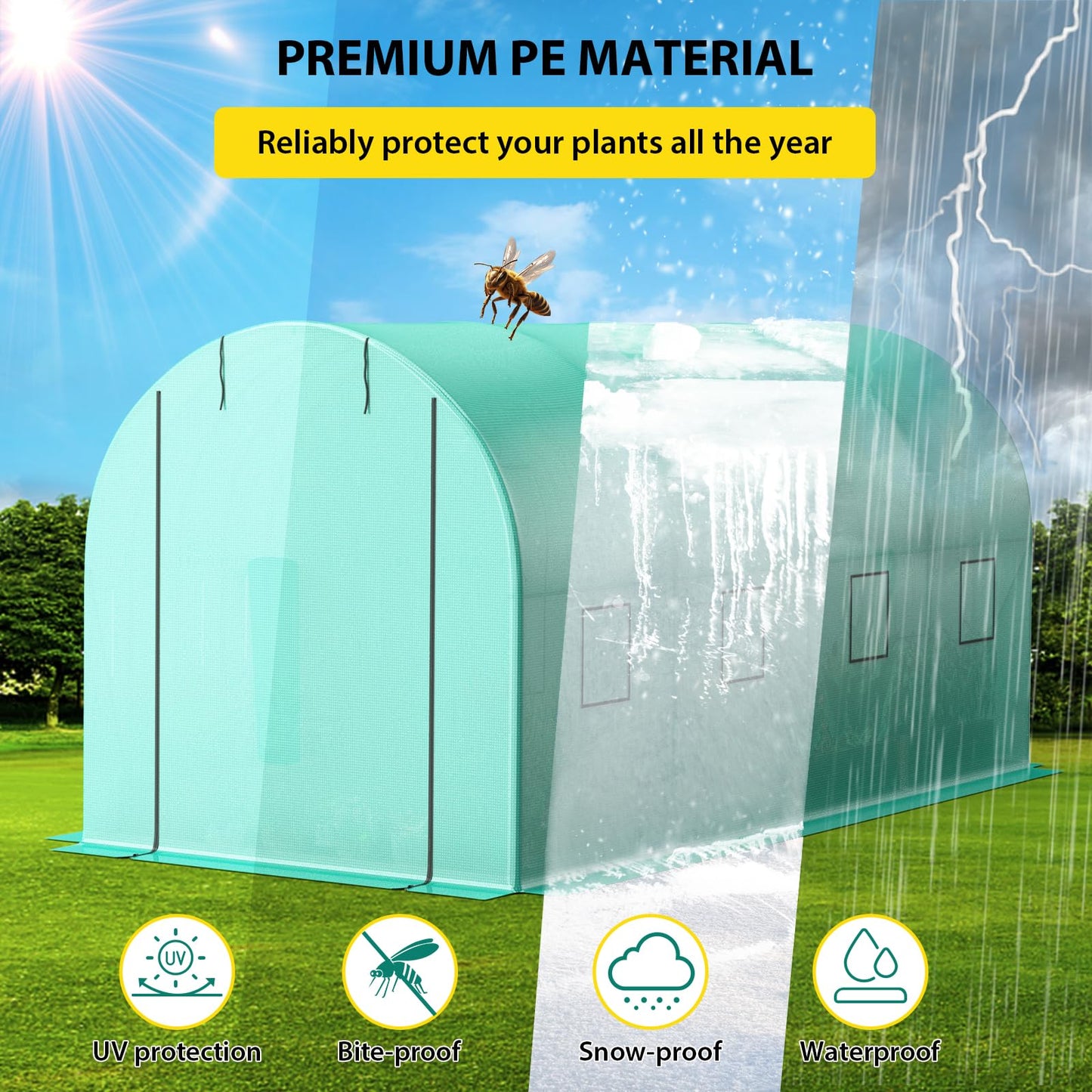 ChicCoutured 15x7x7 ft Walk-in Tunnel Greenhouse with Galvanized Steel Frame & 8 Mesh Windows, Weather-Resistant Outdoor Plant Hot House for Vegetables, Green PE Cover & 2 Roll-Up Zipper Doors