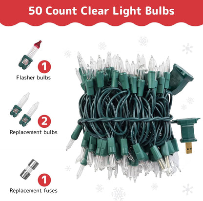PREXTEX 50 Count Clear Christmas Tree Lights - 10 ft Warm White String Lights for Indoor/Outdoor Decor