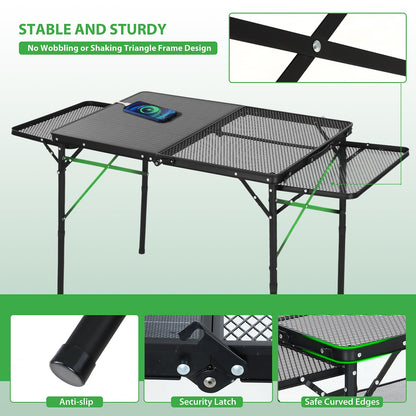 Nice C Camping Table, Ourdoor Folding Grill Table, Tailgate Tables, Solar Panel Tables with USB Type-C&DC Charging Cable, 42W Portable Solar Charger, 2 Side Shelves, with Mesh Net&Cup Holders