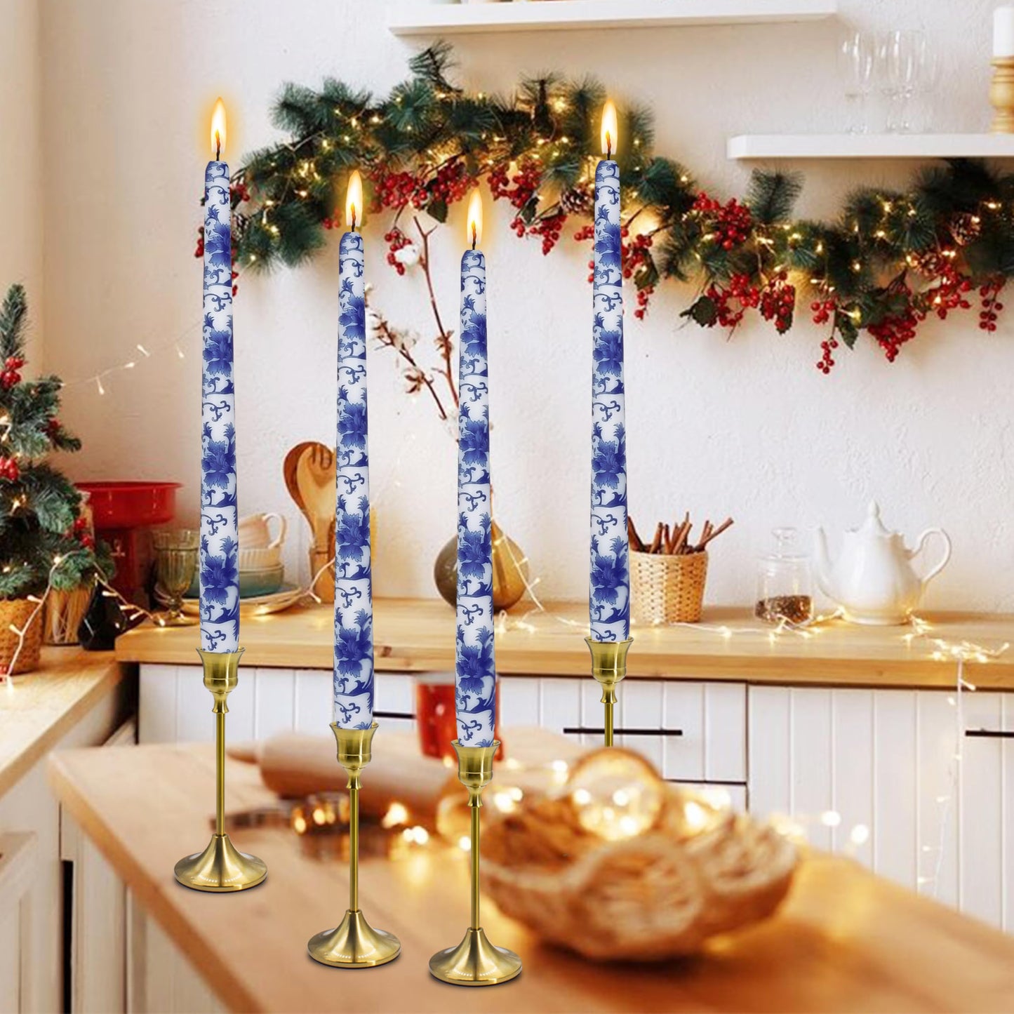 Blue and White Porcelain Taper Candlesticks 10 in Print Taper Candles Unscented Smokeless Handmade Printing Candle Tall Tapered Candle Sticks for Home Dinner Wedding Decor Simple Modern, 4 Pack