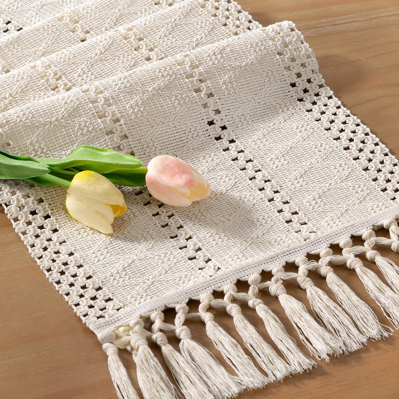 Socomi Boho Table Runner Summer Farmhouse Rustic Dining Kitchen Centerpiece Decor Small Macrame Woven Cotton Linen Coffee Table Runner for Dresser Scarf Home Decor