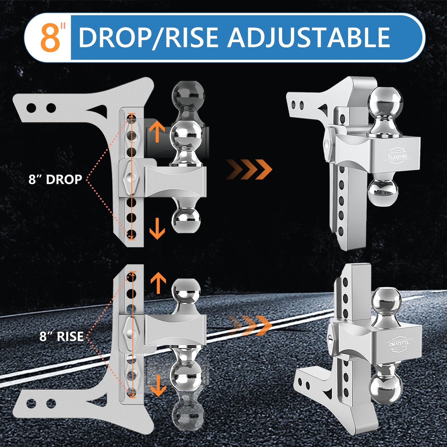 Tlvuvmo Drop Hitch -8 Inch Adjustable Trailer Hitch (Fits 2-Inch Receiver), 21,500 LBS GTW Heavy Duty Truck Hitch, Aluminum Tow Hitches, (2'' & 2-5/16'') Chrome Steel Tow Balls & 2 Anti-Theft Locks