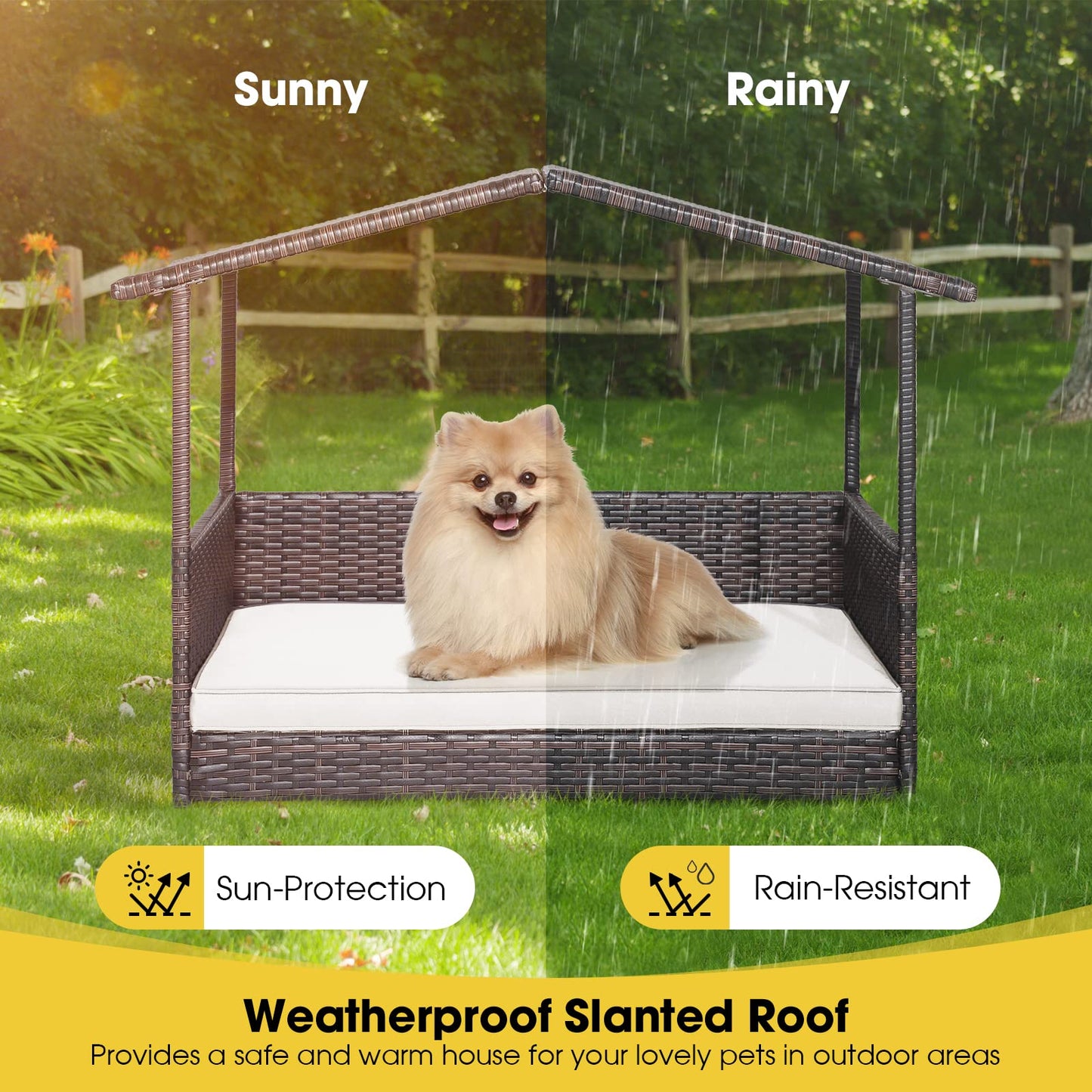 PETSITE Wicker Elevated Dog Bed with Weatherproof Roof, Raised Rattan Pet House Indoor/Outdoor with Removable Cushion Lounge for Small, Medium Dogs
