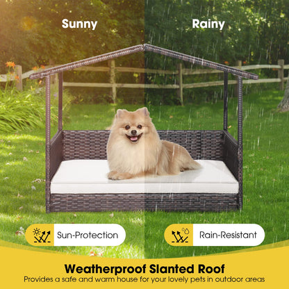 PETSITE Wicker Elevated Dog Bed with Weatherproof Roof, Raised Rattan Pet House Indoor/Outdoor with Removable Cushion Lounge for Small, Medium Dogs