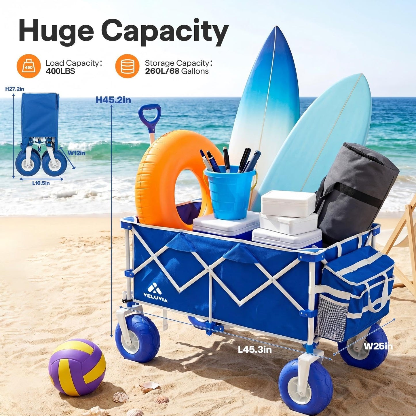 VELUVIA Beach Wagon with Balloon Wheels for Sand - 450LBS Heavy Duty Foldable All Terrain Wagon with 9" Balloon Tires- Collapsible Beach Dolly with Adjustable Handle & Cooler Bag for Beach - Blue