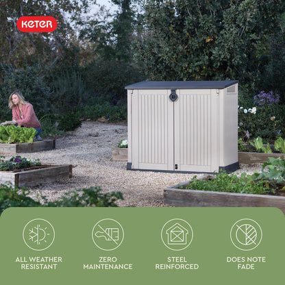 Keter Store-It-Out MIDI Outdoor Resin Storage Shed – Weather-Resistant Horizontal Cabinet for Trash Cans, Garden Tools & Patio Accessories – Lockable, Easy-Lift Lid, 30 Cu. Ft. Capacity, Beige