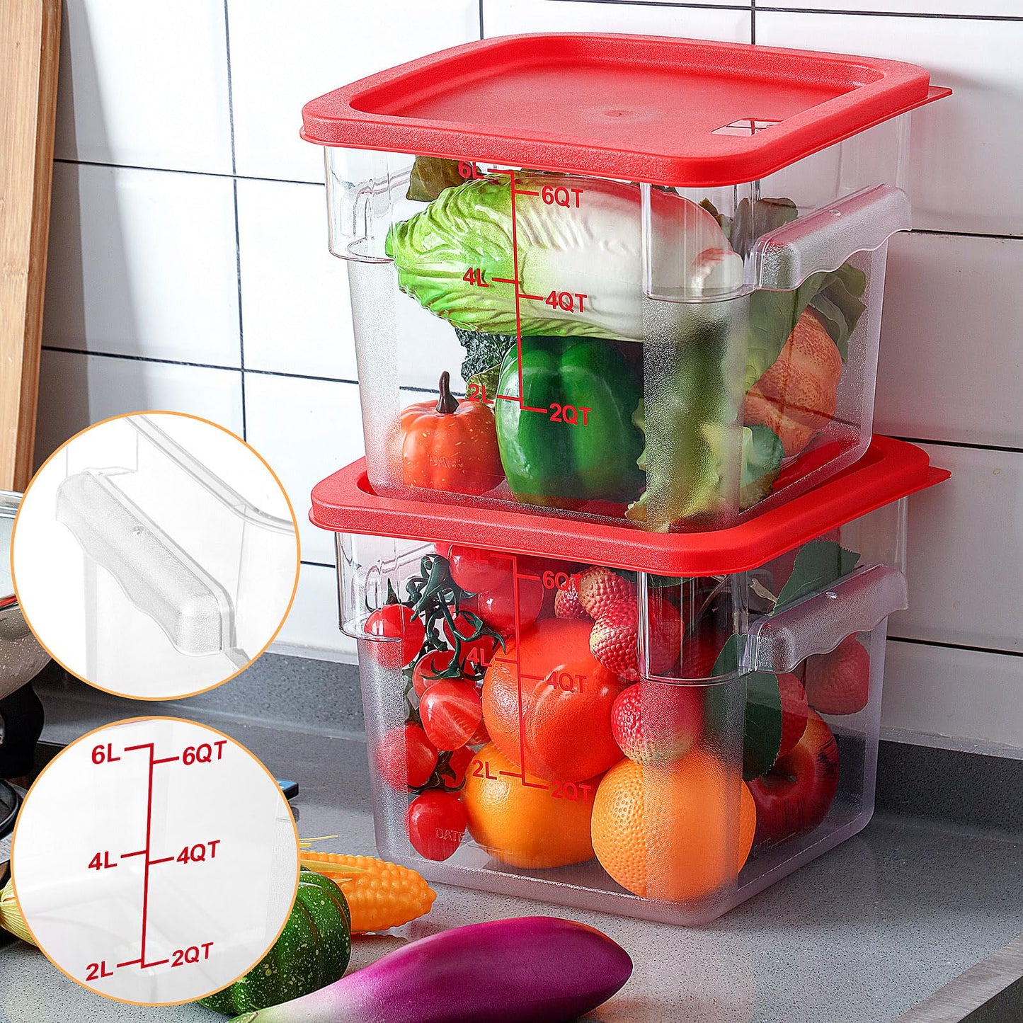 Ziliny 15 Sets 6 Qt Square Food Storage Containers with Lids Commercial Polycarbonate Containers Dough Proofing with Scale Clear Airtight Cereal for Pantry Home Restaurant