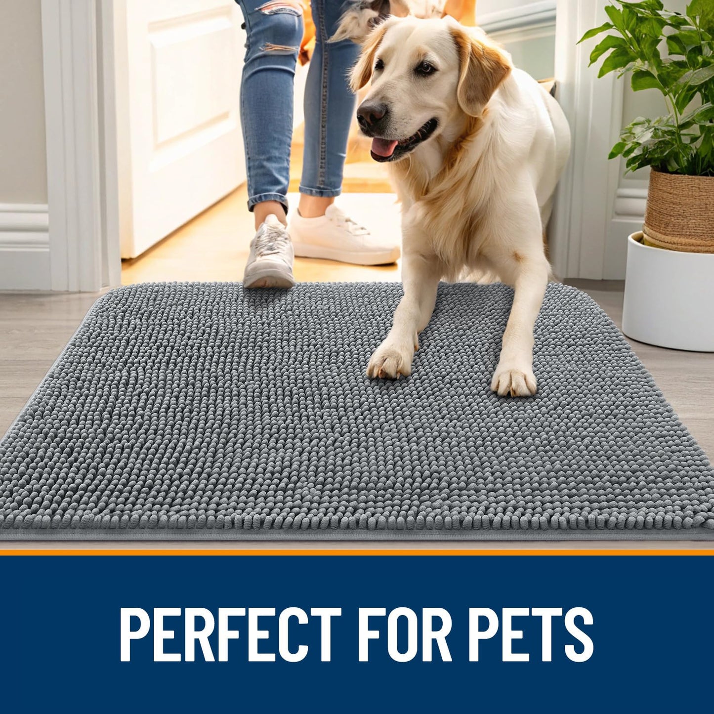OLANLY Dog Door Mat Set 4-Piece 47x24, Absorbs Moisture and Dirt, Absorbent Non-Slip Washable Doormat, Quick Dry Chenille Mud Mat for Dogs, Entry Indoor Entryway Carpet for Inside Floor, Grey