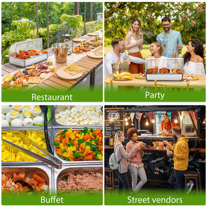 Ziliny 3 Pan Countertop Food Serving Display Container Stainless Steel Pizza Topping Station Display Rack Condiment Dispenser with Clear Roll Top Cover for Buffet Restaurant Hotel Kitchen Party