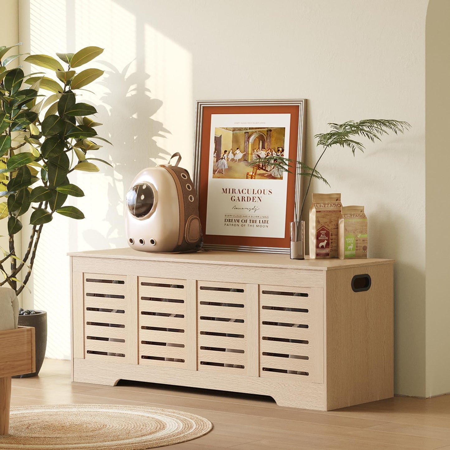 DINZI LVJ Storage Chest, 47.3”Wooden Storage Box with 2 Safety Hinges, Entryway Shoe Bench with Flip-Top, Farmhouse Style Trunk for Living Room, Bedroom, Play Room, Easy Assembly, Natural