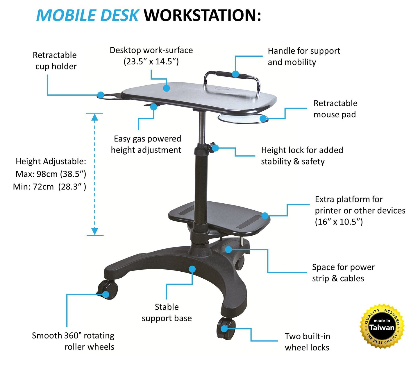 Aidata Ergonomic Sit-Stand Mobile Laptop Cart Work Station with Printer Shelf. with Built in Cup Holder and Mouse Pad. Black (Model: LPD009P)