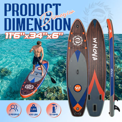 WNOVA 11'6" × 34" Extra Wide Inflatable Stand Up Paddle Board, Stable SUP with Premium SUP Accessories and Non-Slip Comfort Deck for Adults & Youth of All Skill Levels (Classic Wood)