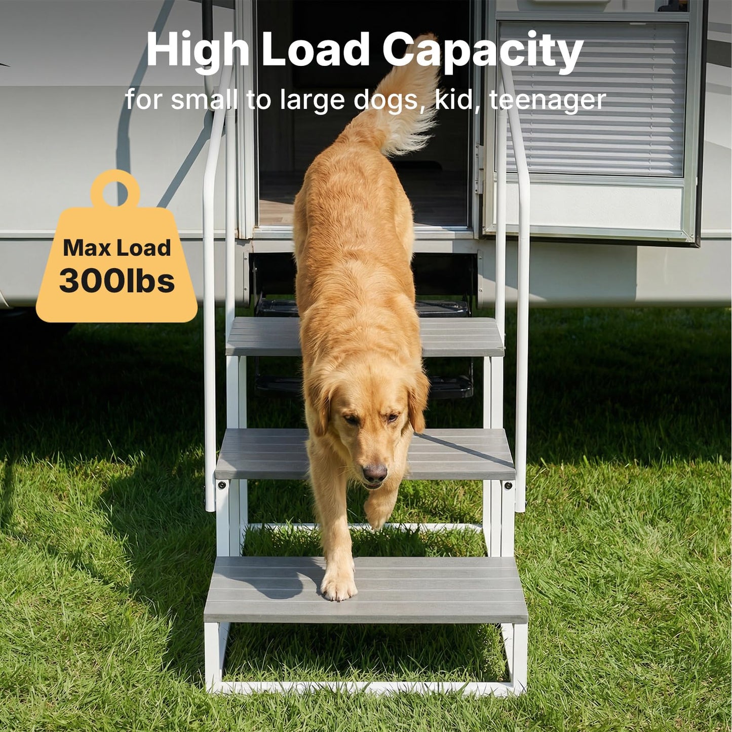 Veehoo RV Steps with Handrail for Dog Outdoor, 3 Steps Dog Hot Tub Step with Handrail for 5th Wheel RVs Camper Trailers, Non Slip Large Dogs Mobile Home Stairs Waterproof for Car Truck, up to 300 lbs