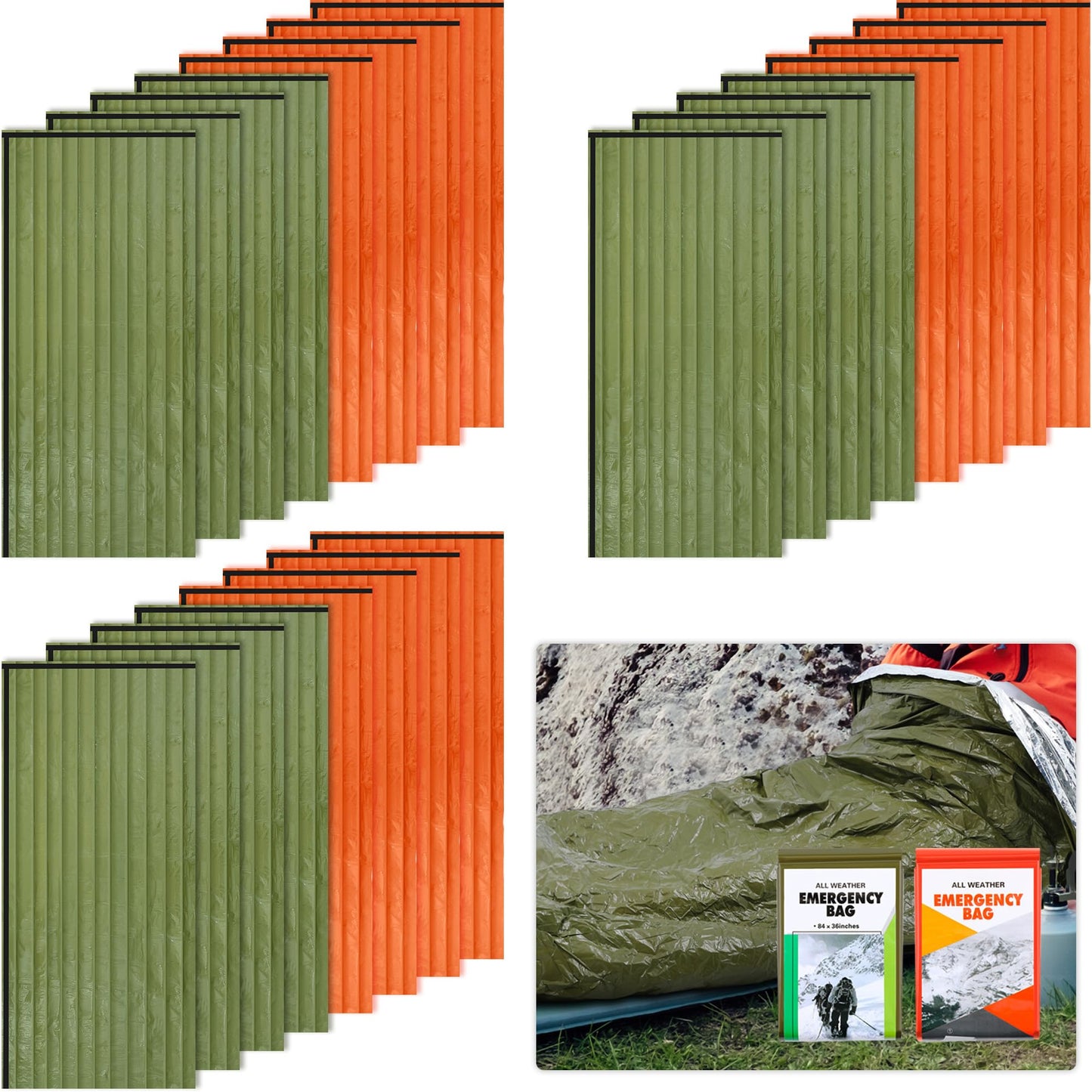Preboun 50 Pcs Emergency Sleeping Bag Bulk Portable Lightweight Survival Bag Thermal Bivy Sack Emergency Blanket Survival Gear for Outdoor Camping Hiking Homeless People Shelter (Orange,Green)