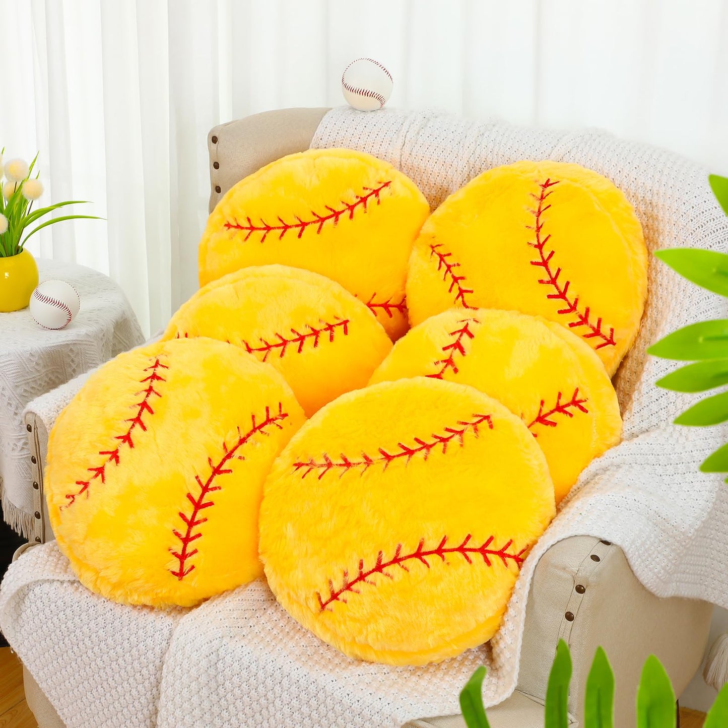 Gerrii 6 Pcs Softball Pillows 14 inch Sports Throw Pillow Bulk Softball Plush Fluffy Toys Sport Theme Cushion for Team Gift Room Bedroom Decoration