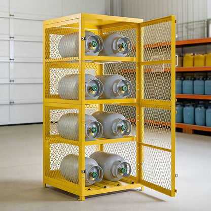 VEVOR Horizontal Cylinder Storage Cabinet, 30"L x 30"W x 70.3"H, 8 Cylinder Capacity, 4-Tier Propane Storage Cage, with Lock and Keys, Yellow Powder-Coated Carbon Steel, for Propane, Oxygen, Nitrogen