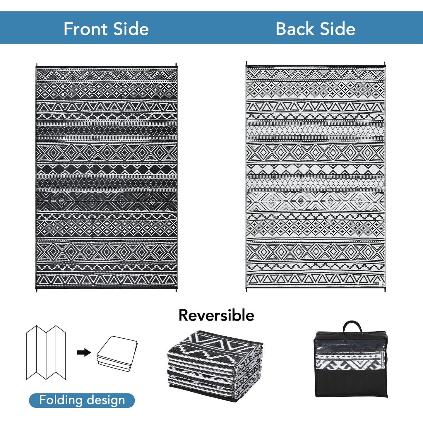 COZYLOOM Outdoor Rug 10' x 20' Waterproof for Patios Clearance, Reversible Outdoor Plastic Straw Camping Rug Carpet, Large Rugs Mats for RV, Camper, Deck, Balcony, Porch, Beach, Picnic,Black & White