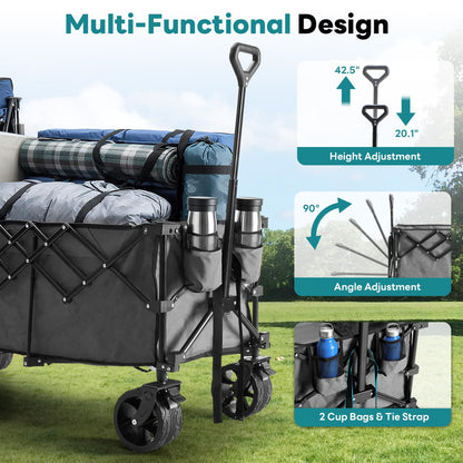 OLIXIS 49" L Collapsible Wagon Cart - 440lbs Foldable Extra Long Heavy Duty Utility Wagon with Wheels, Portable Storage Grocery Cart for Camping, Shopping, Sports, Beach, Garden-Grey