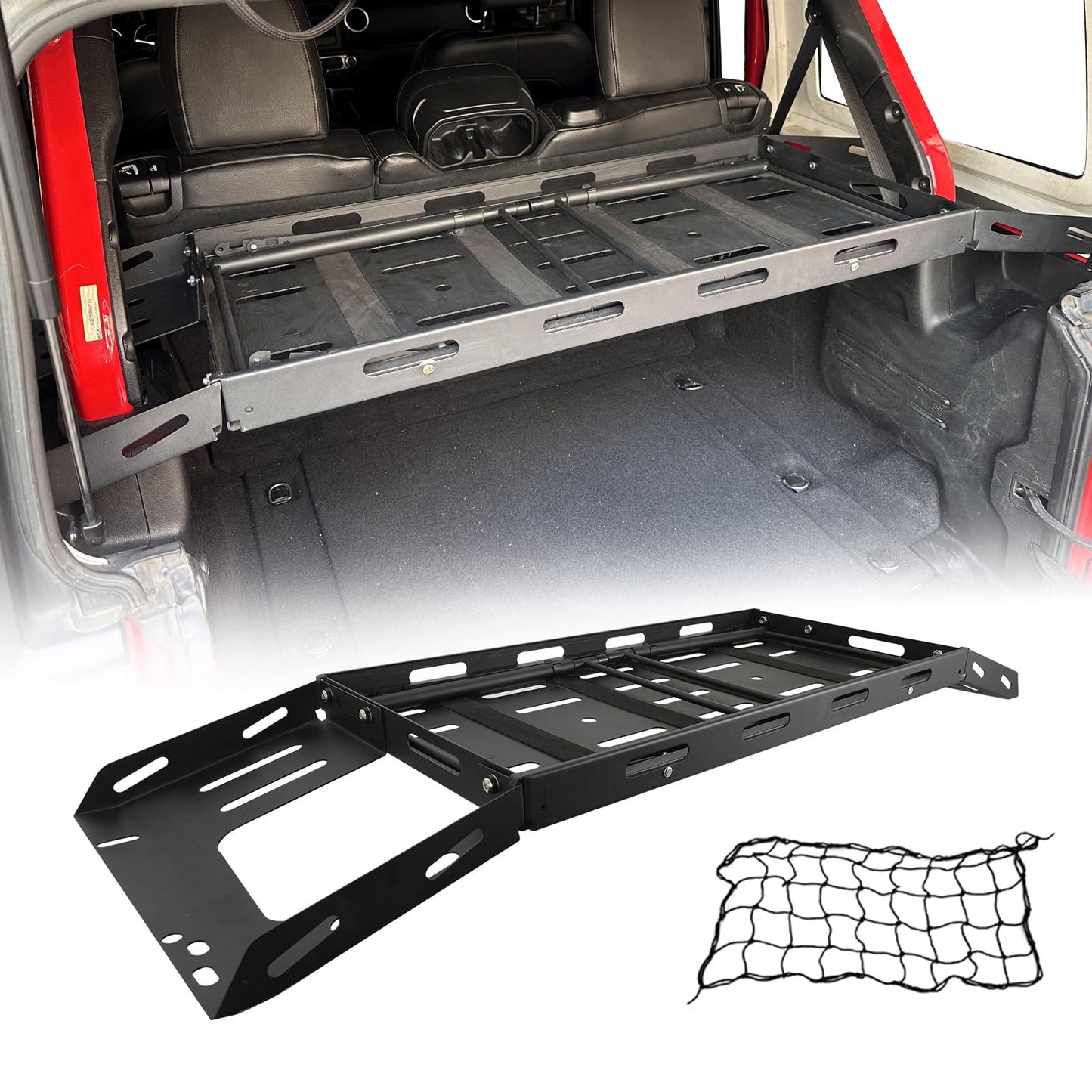 SUNPIE Rear Trunk Cargo Basket for Jeep Wrangler 2007-2025 JKU JLU 4 Doors, Hardtop Storage Rack & Camping Table | Heavy-Duty Organizer for Gear, Tools, Off-Road Accessories