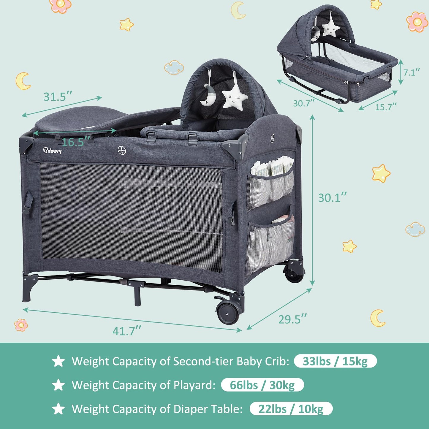 5 in 1 Pack and Play Bedside Sleeper with Bassinet, Diaper Changer & Hanging Toy, Portable Crib Nursery Center for Newborns to Toddlers, Grey