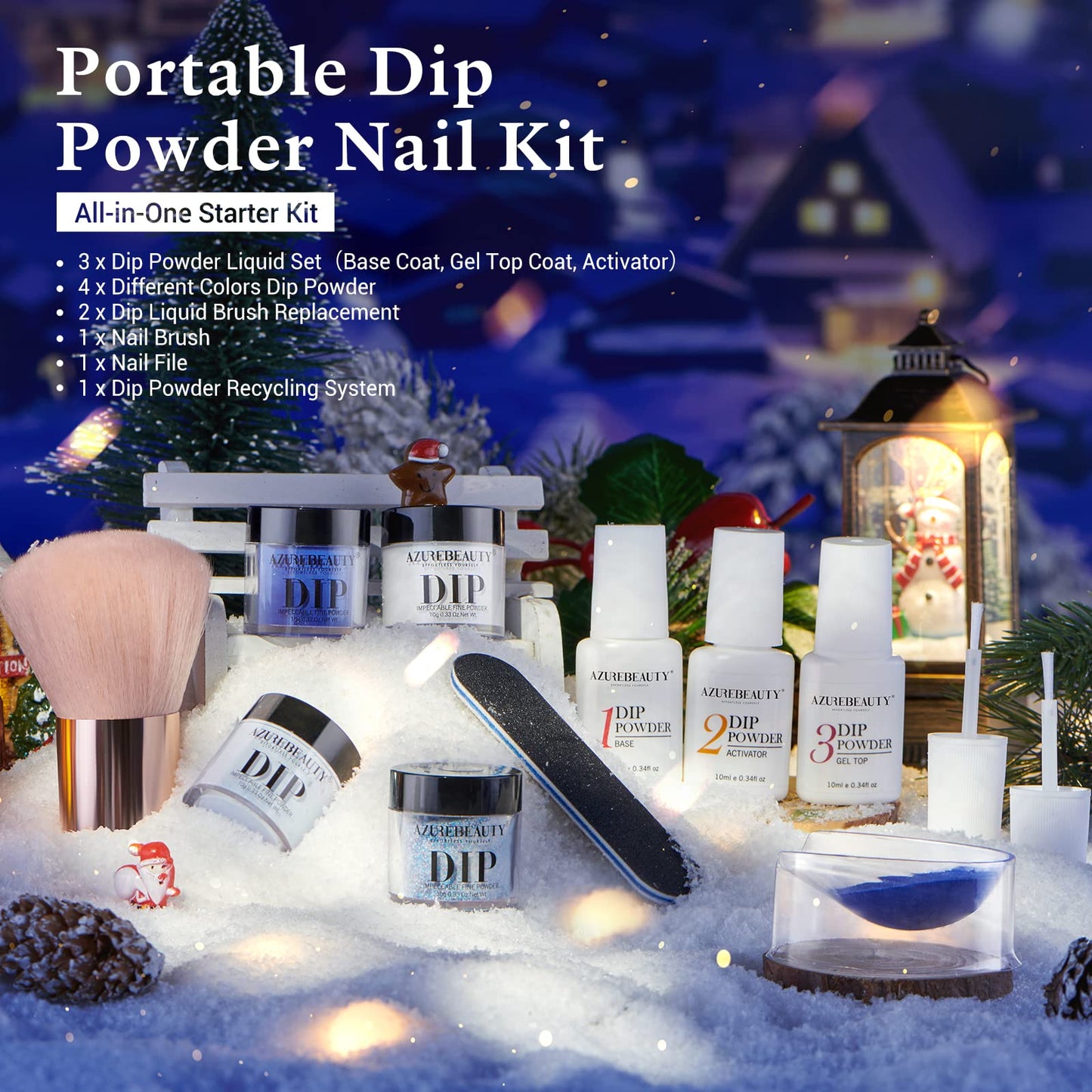 AZUREBEAUTY Dip Powder Nail Kit Starter, All Season Skin Tone Nude Brown 4 Colors Acrylic Dip Powder Liquid Set with Base/Top Coat Activator for French Nail Art Manicure DIY Salon Gifts
