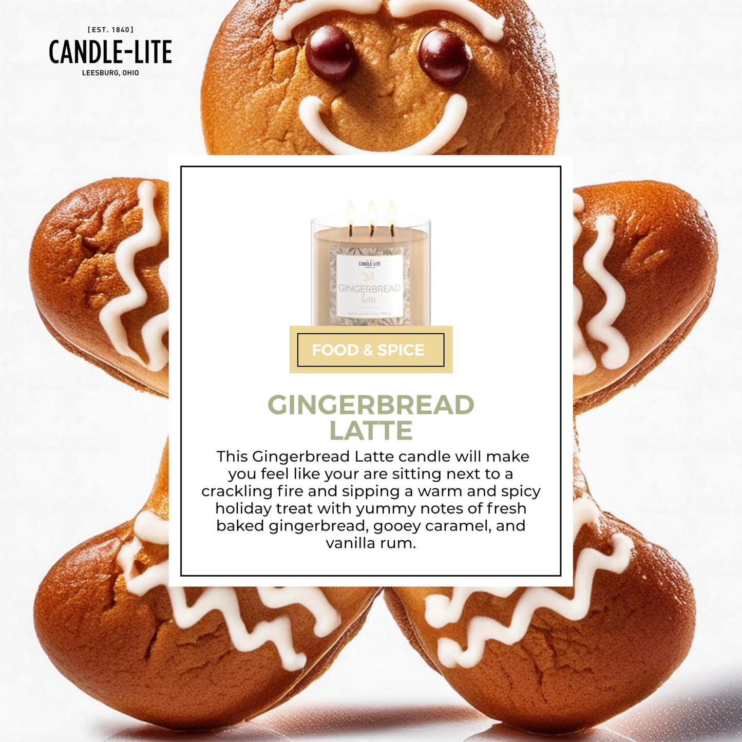 Candle-lite Holiday Scented Candles, Gingerbread Latte Fragrance, 14 oz 3-Wick Jar Candle, Proudly Poured in USA, Christmas Home Decor Candle, 40 Hours of Burn Time, Holiday Gift for Men and Women