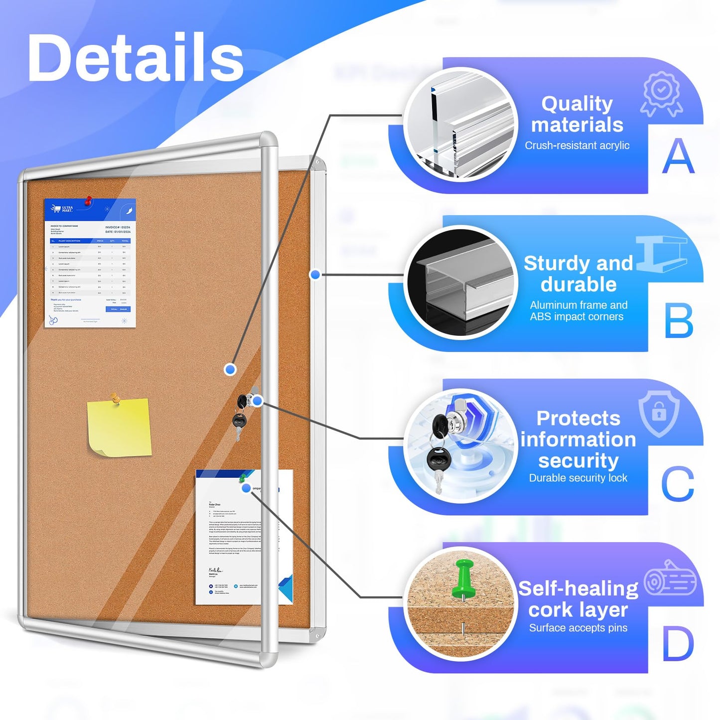 Magula 38"x28" Enclosed Bulletin Board Tamper-Proof Dispaly Case, Aluminium Frame, Shatter Resistant Lockable Bulletin Board, Enclosed Cork Board for School, Office, Commercial, Hospital etc