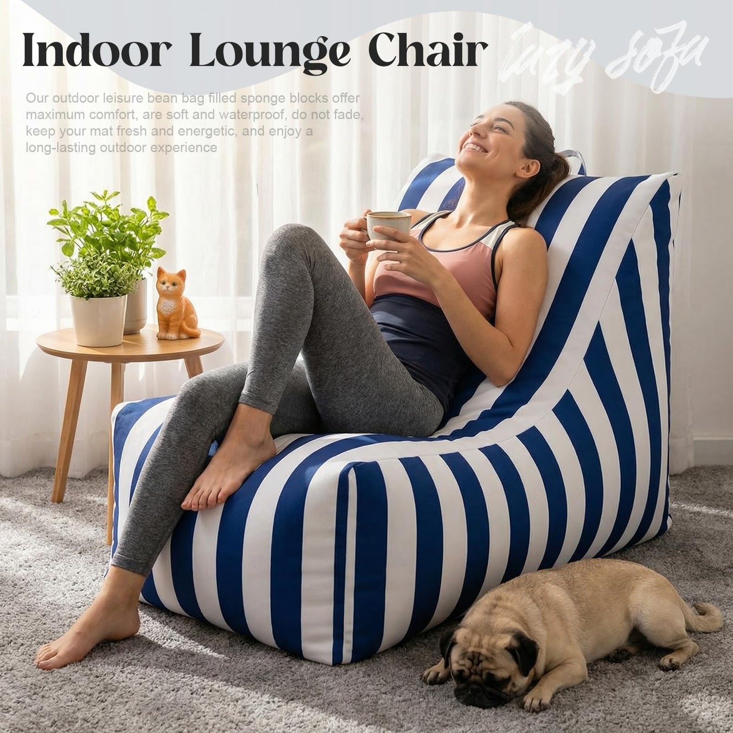 Briwooody Boat Bean Bag Chair Waterproof Outdoor Beanbag Chair Patio Lounge Comfy Lazy Sofa Couch Seating for Boat, Pool, Marine Balcony (Blue,White)