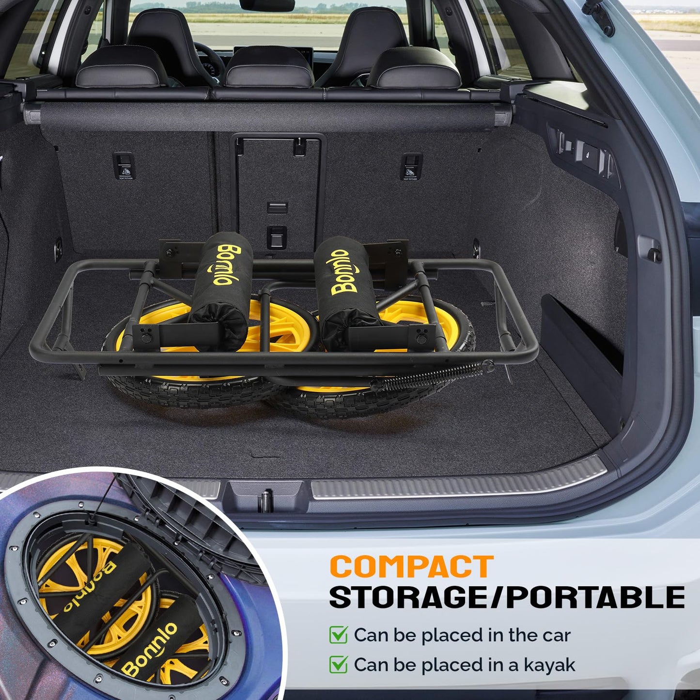 Bonnlo Durable Canoe Cart, All-Terrain Trolley Carrier with 15" Large Kayak Wheels, 330lbs Kayak Cart Dolly with Kickstand, Adjustable 4 Postions (8.66"-19.69") to Fit Kayaks, Canoes, and Small Boats