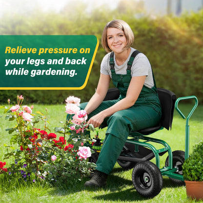 Baotree Garden Seat with Wheels, Rolling Garden Stool with Adjustable 360°Swivel Seat, Storage Basket & Extendable Handle, Outdoor Gardening Scooter, Garden Cart Workseat Stools for Seniors