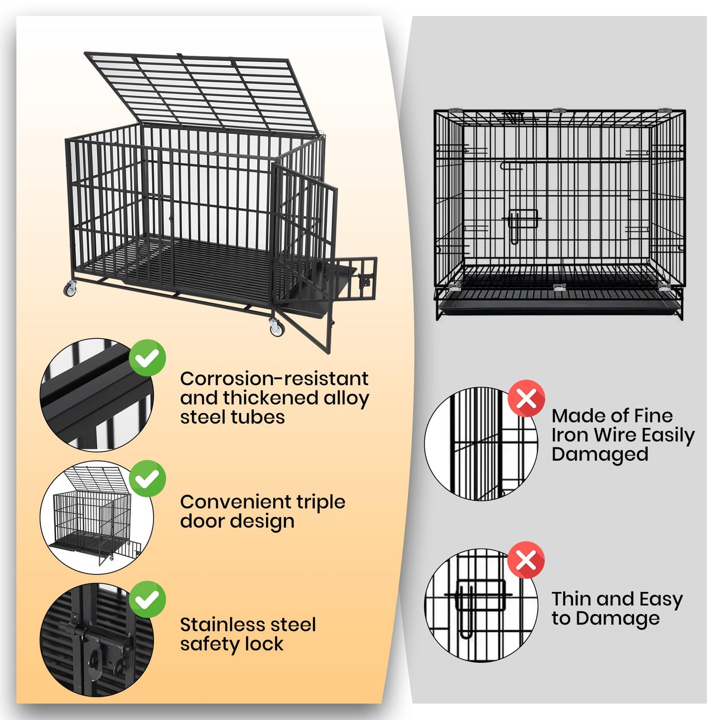 GarveeHome 49" Heavy Duty Metal Dog Crate - Escape Proof Kennel with Wheels, 3-Door Large Dog Cage & Removable Tray for Large and Medium Breed Dogs, Black
