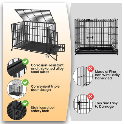 GarveeHome 49" Heavy Duty Metal Dog Crate - Escape Proof Kennel with Wheels, 3-Door Large Dog Cage & Removable Tray for Large and Medium Breed Dogs, Black