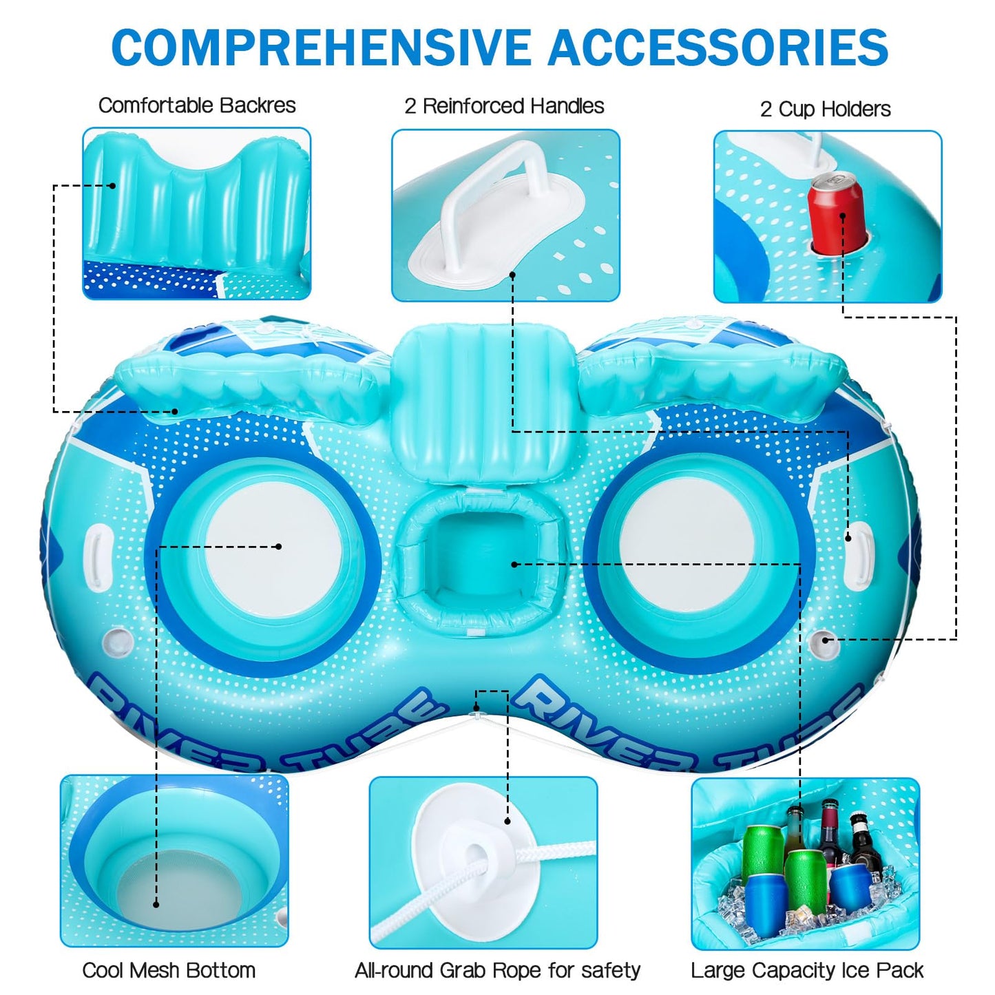 Glimin 3 Pcs Inflatable River Tube Float, 2 Person Heavy Duty Pool Float with Built in Cooler, Ergonomic Backrest and Cup Holders for Adults, Lake Water Tubes for Floating Summer Relaxation