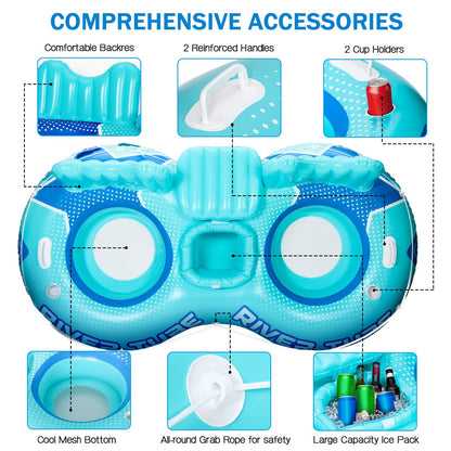 Glimin 3 Pcs Inflatable River Tube Float, 2 Person Heavy Duty Pool Float with Built in Cooler, Ergonomic Backrest and Cup Holders for Adults, Lake Water Tubes for Floating Summer Relaxation