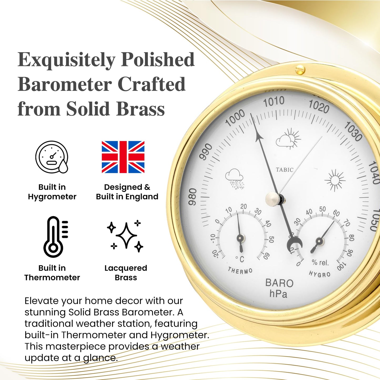 Tabic Handcrafted Brass Barometer with Built-in Hygrometer, Thermometer and Nautical Clock - Sailing Ship Yacht, Marine Coastal Decor - Lacquered Brass (1/2 kg) - Temperature and Humidity Reading