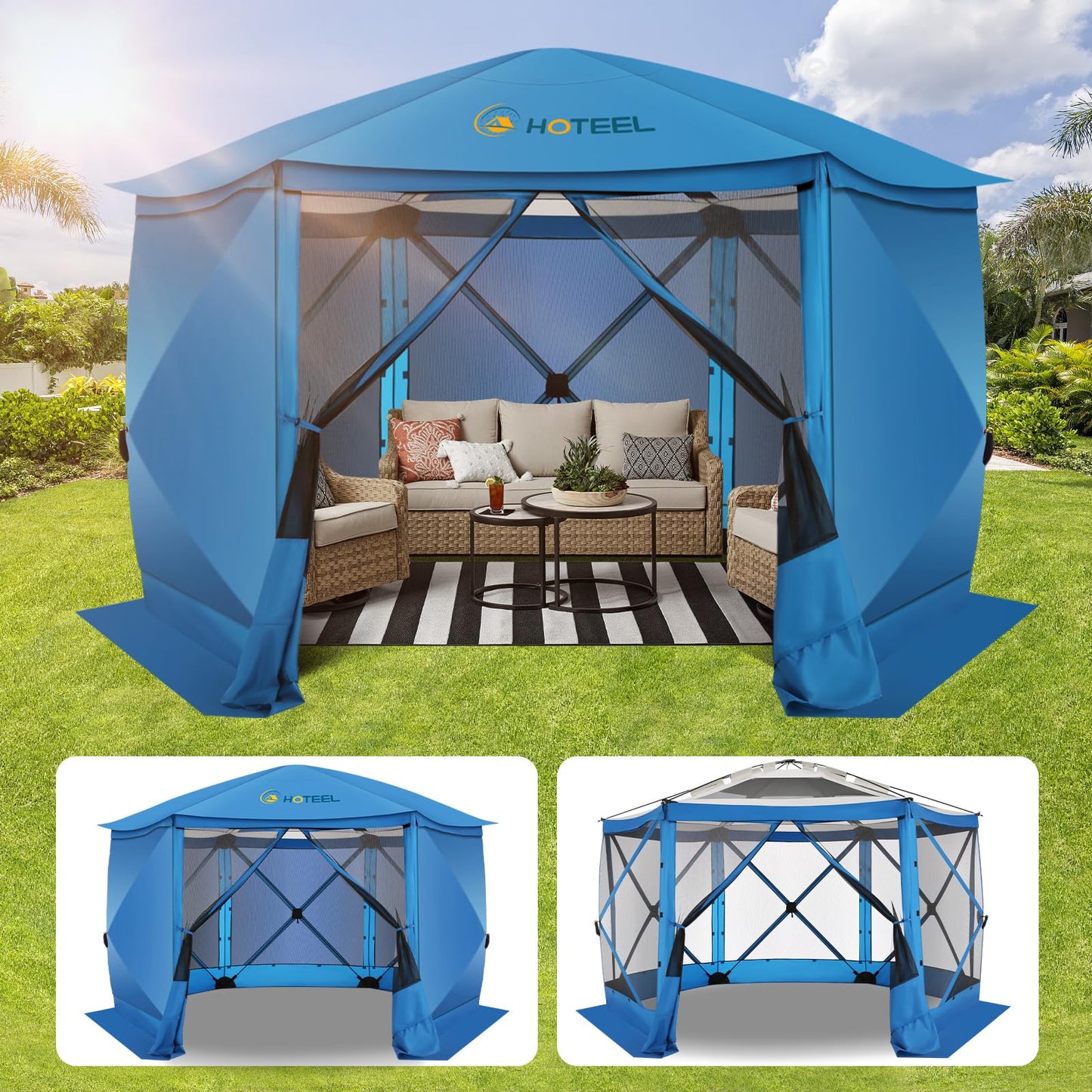 COBIZI 12x12FT Pop Up Gazebo Screen Tent Screen House for Camping, Screen Room with Mosquito Netting, Hub Tent Instant Screened Canopy with Carrying Bag and Ground Stakes, Brown