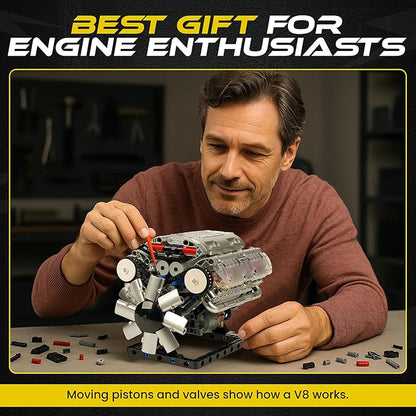 V8 Engine Model Kit for Teens &amp Adults - Build Your Own Mini V8 Engine Kit with Visible Combustion Engine That Works Functional DIY Engineering STEM Kit w/ 535 Pieces for Ages 14+